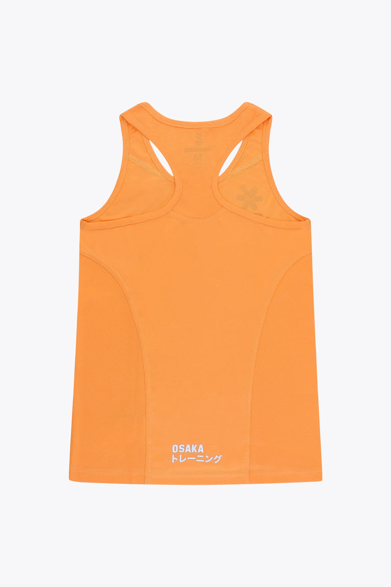 Osaka women singlet in orange with logo in grey. Back flatlay view