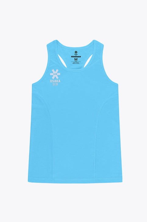 Osaka Women Singlet | Blue Topaz Osaka women singlet in light blue with logo in grey. Front flatlay view
