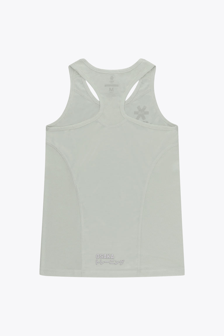 Osaka women singlet in light grey with logo in grey. Back flatlay view