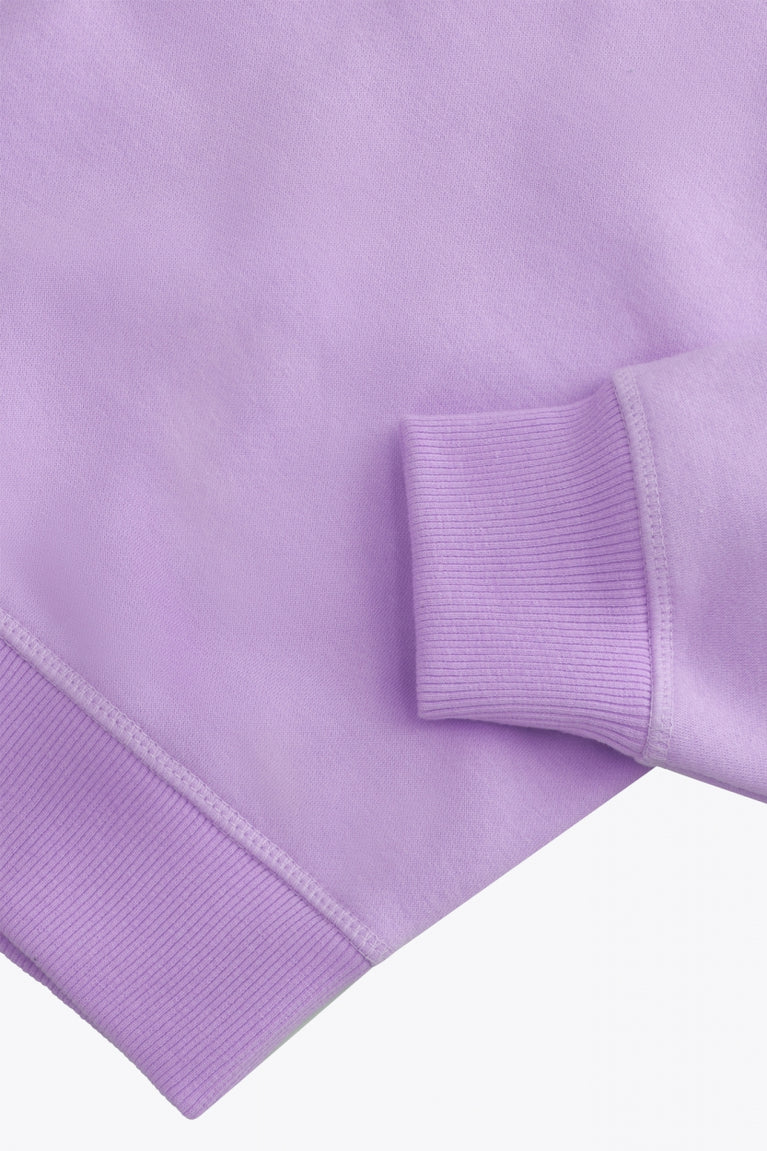 Osaka women sweater in light purple with logo in white. Front flatlay detail sleeve view