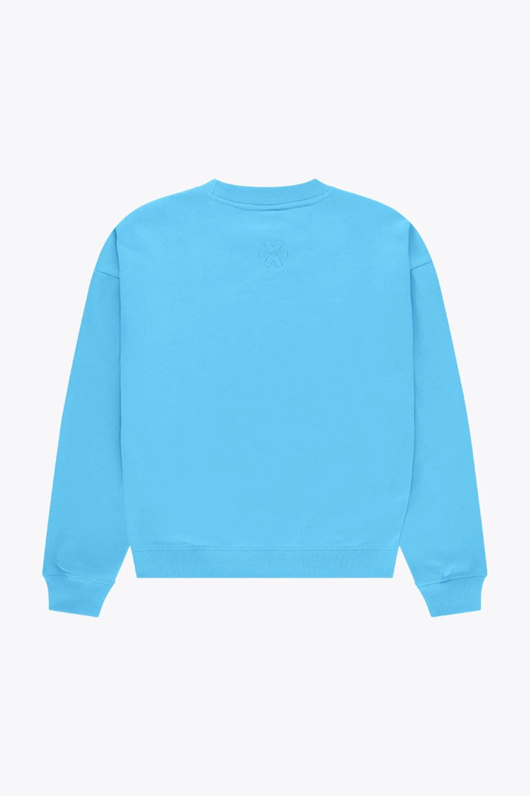 Osaka women sweater in light blue with logo in white. Back flatlay view