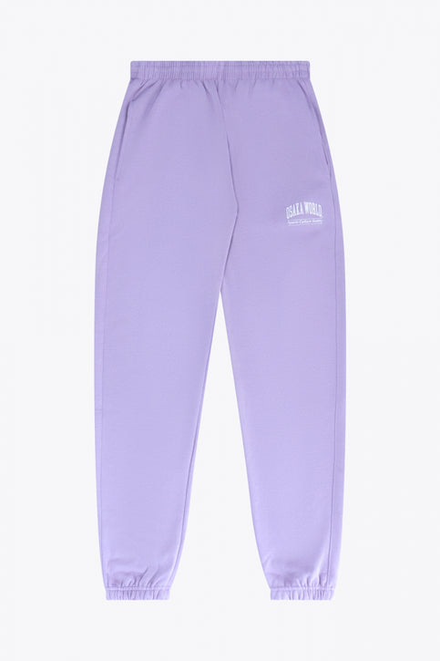 Osaka women sweatpants in light purple with logo in white. Front flatlay view