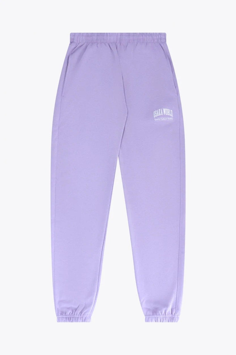 Osaka women sweatpants in light purple with logo in white. Front flatlay view