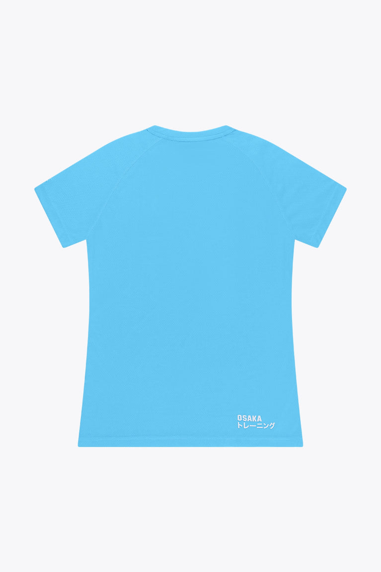 Osaka women tee short sleeve in light blue with logo in grey. Back flatlay view
