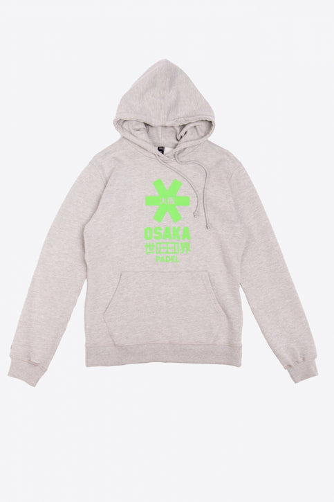 the Osaka basic unisex hoodie in grey with green logo on it. Front flatlay view