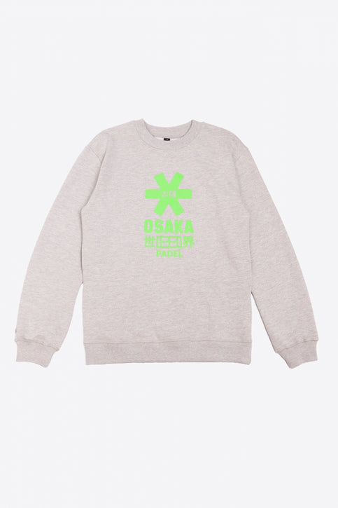 Osaka grey unisex sweater with green logo. Front flatlay view