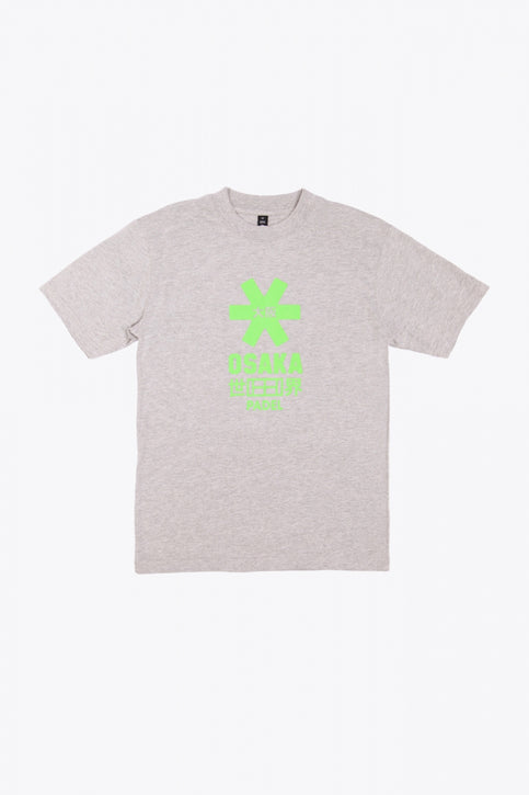 Osaka unisex tee in heather grey with green logo. Front flatlay view