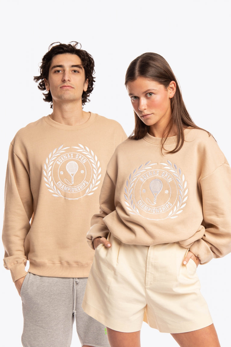 Man and woman wearing the Osaka x Buenas Open sweater in stone. Front view
