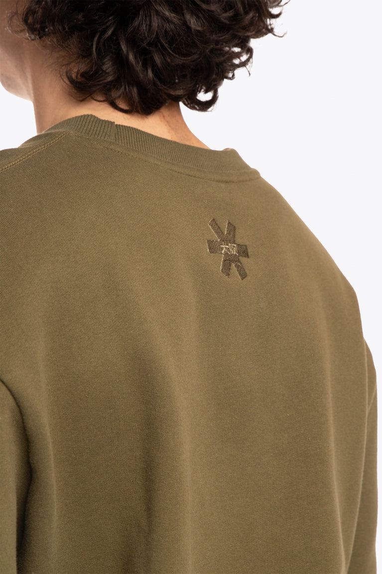 Osaka x Buenas Open sweater in army green. Back detail logo view
