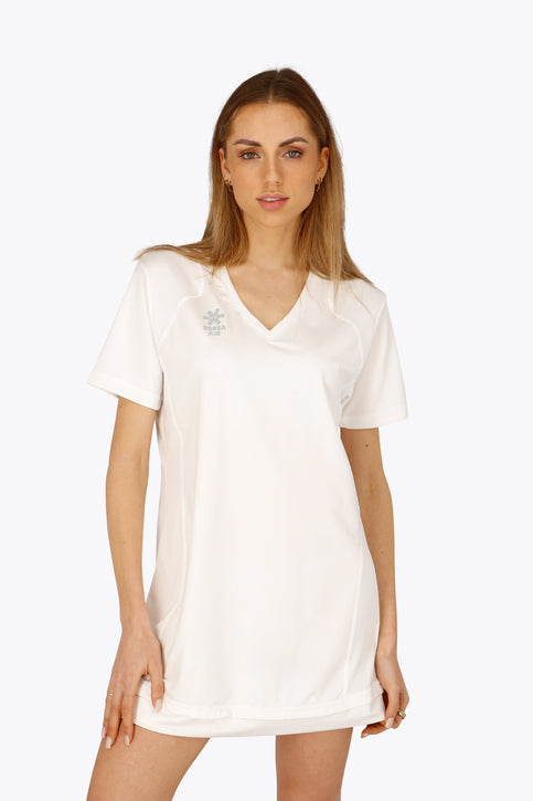 Osaka Women V-Neck Tech Dress | White Osaka women v-neck tech dress in white with logo in grey. Front flatlay view