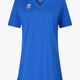 Osaka women v-neck tech dress in princess blue with logo in grey. Front flatlay view
