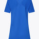 Osaka women v-neck tech dress in princess blue with logo in grey. Back flatlay view