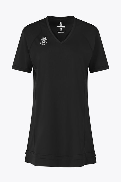 Osaka Women V-Neck Tech Dress | Black Women v-neck tech dress in black with logo in grey. Front flatlay view