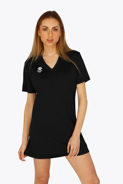 Women v-neck tech dress in black with logo in grey. Front flatlay view