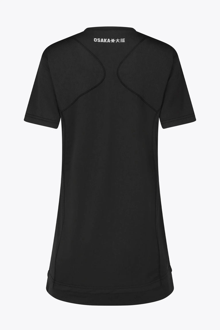 Osaka women v-neck tech dress in black with logo in grey. Back flatlay view