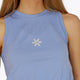Woman wearing the Osaka women tech tank top in manor blue with logo in grey. Front detail logo view