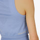 Woman wearing the Osaka women tech tank top in manor blue with logo in grey. Back detail side view