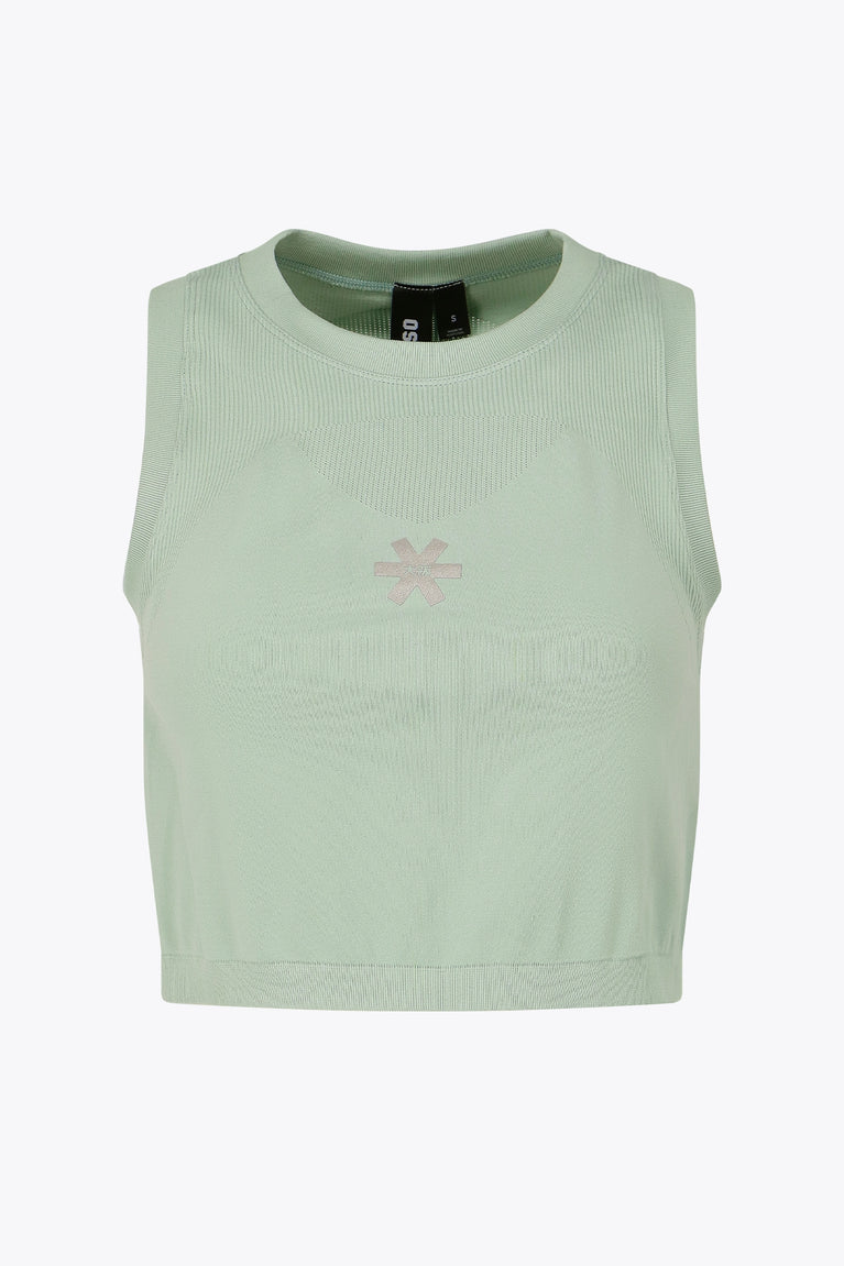 Osaka women tech tank top in jadeite with logo in grey. Front flatlay view