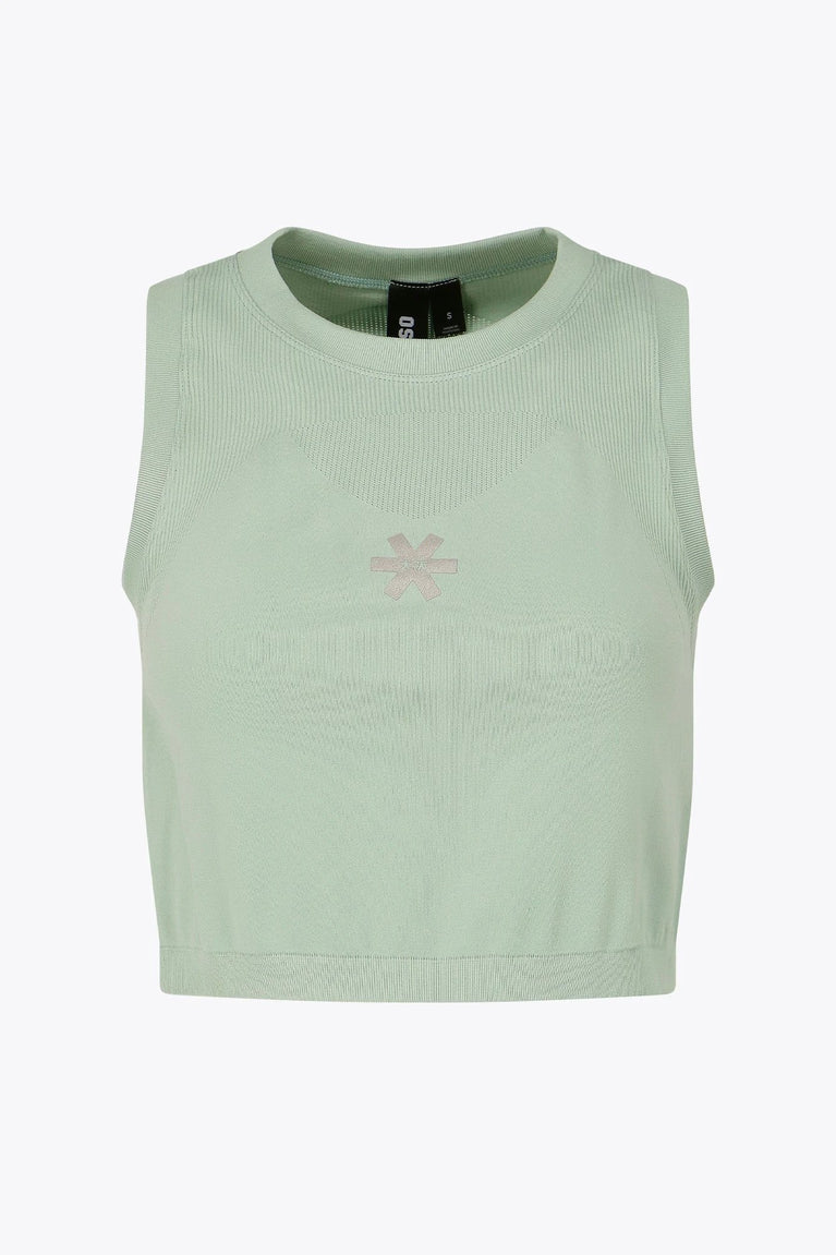 Osaka women tech tank top in jadeite with logo in grey. Front flatlay view