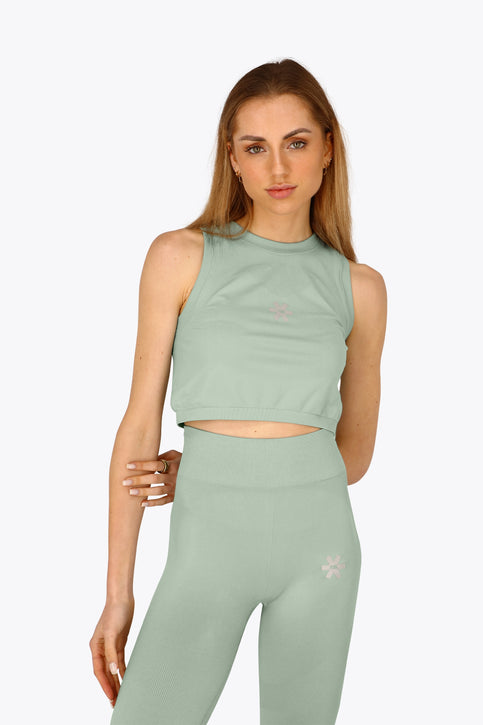 Osaka Women Tech Tank | Jadeite Osaka women tech tank top in jadeite with logo in grey. Front flatlay view