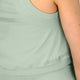 Woman wearing the Osaka women tech tank top in jadeite with logo in grey. Back detail side view