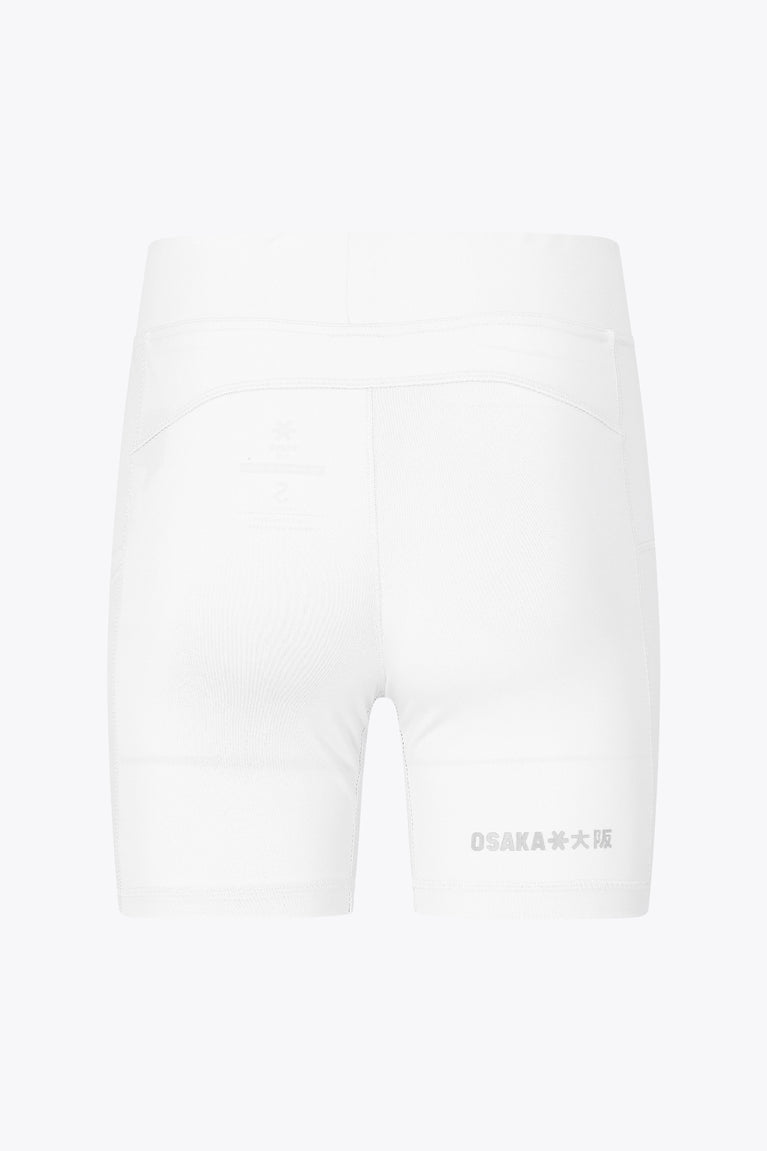 Osaka women tech short thights in white with grey logo. Back flatlay view