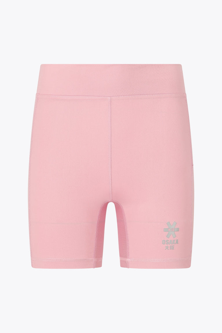 Osaka women tech short thights in pink with grey logo. Front flatlay view