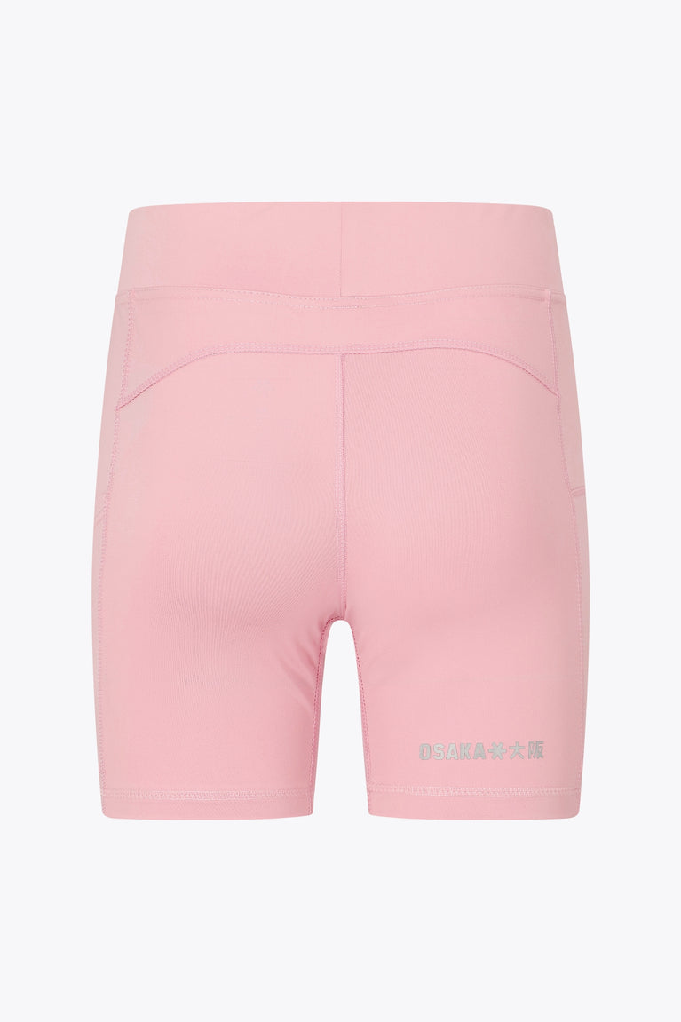Osaka women tech short thights in pink with grey logo. Back flatlay view