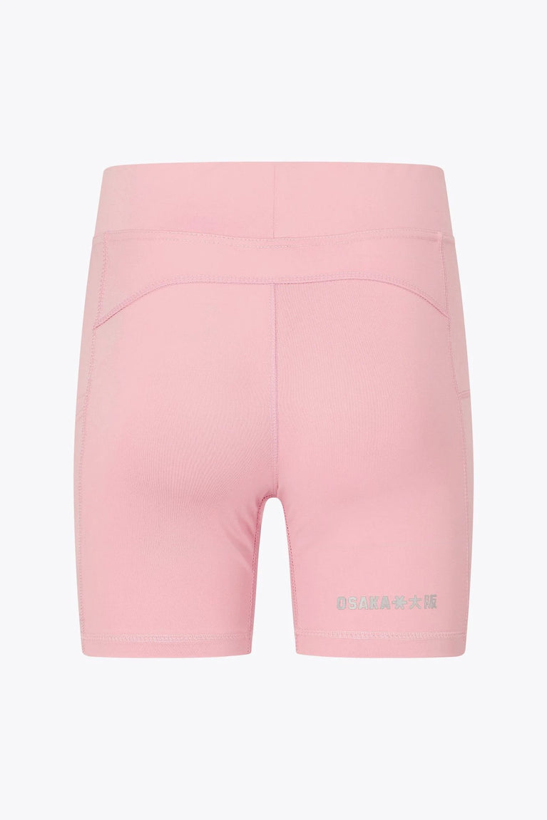 Osaka women tech short thights in pink with grey logo. Back flatlay view