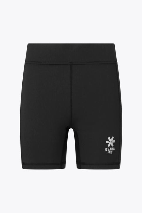 Osaka women tech short thights in black with grey logo. Front flatlay view