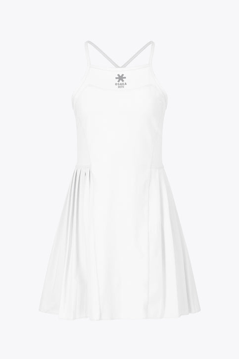 Osaka Women Pleated Tech Dress | White  Osaka women pleated tech dress in white with grey logo. Front flatlay view