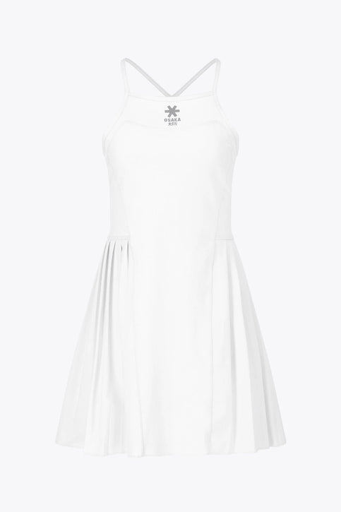 Osaka Women Pleated Tech Dress | White Osaka women pleated tech dress in white with grey logo. Front flatlay view