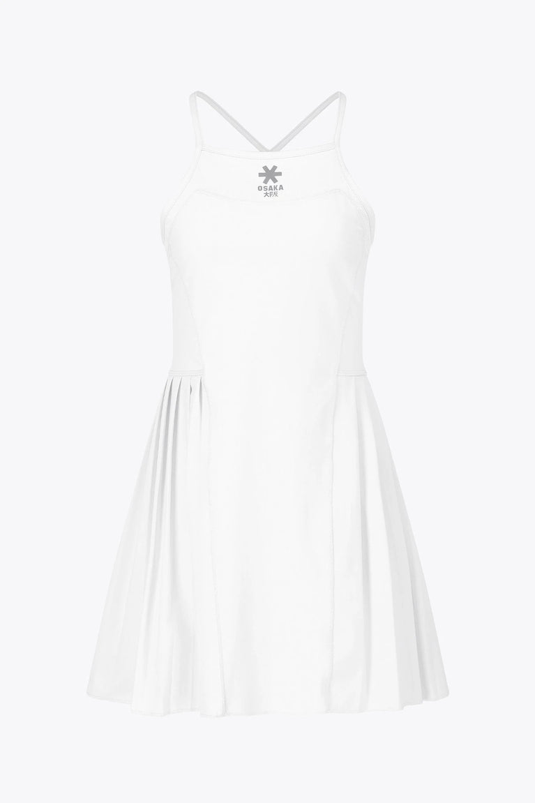 Osaka women pleated tech dress in white with grey logo. Front flatlay view