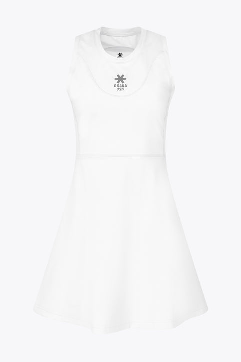 Osaka Women Floucy Dress | White  Osaka women floucy dress white with logo in grey. Front flatlay view