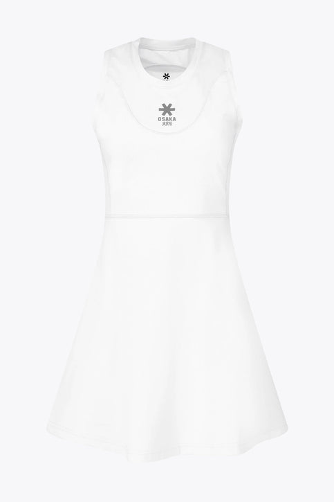 Osaka Women Floucy Dress | White Osaka women floucy dress white with logo in grey. Front flatlay view