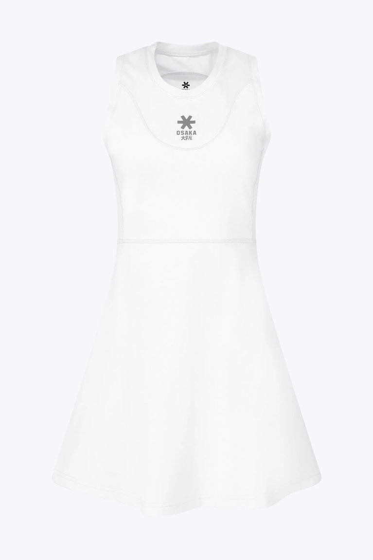 Osaka women floucy dress white with logo in grey. Front flatlay view