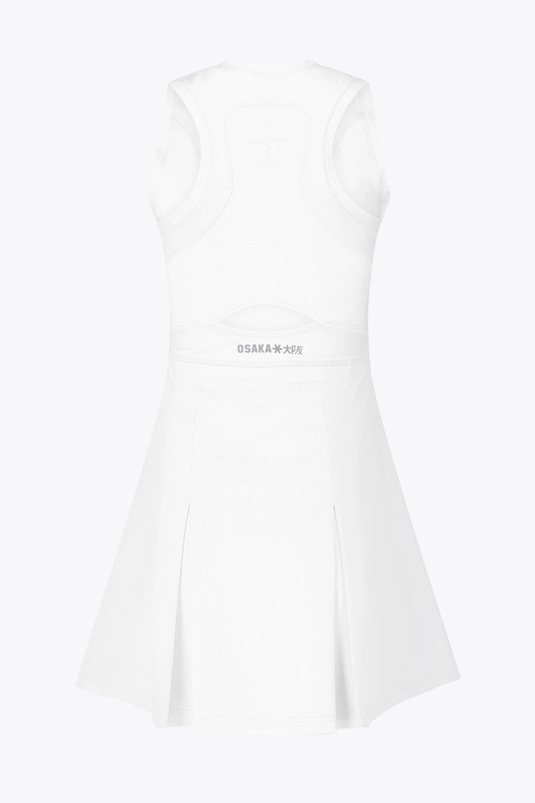 Osaka women floucy dress white with logo in grey. Back flatlay view