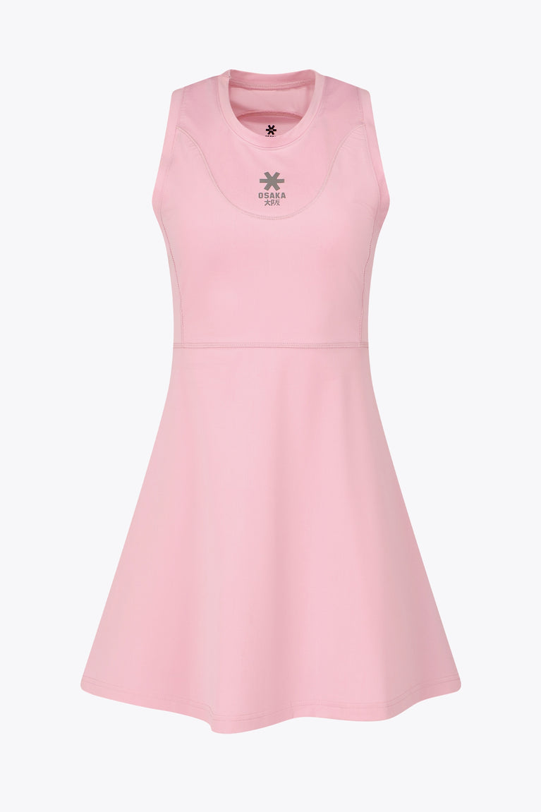 Osaka women floucy dress pink with logo in grey. Front flatlay view
