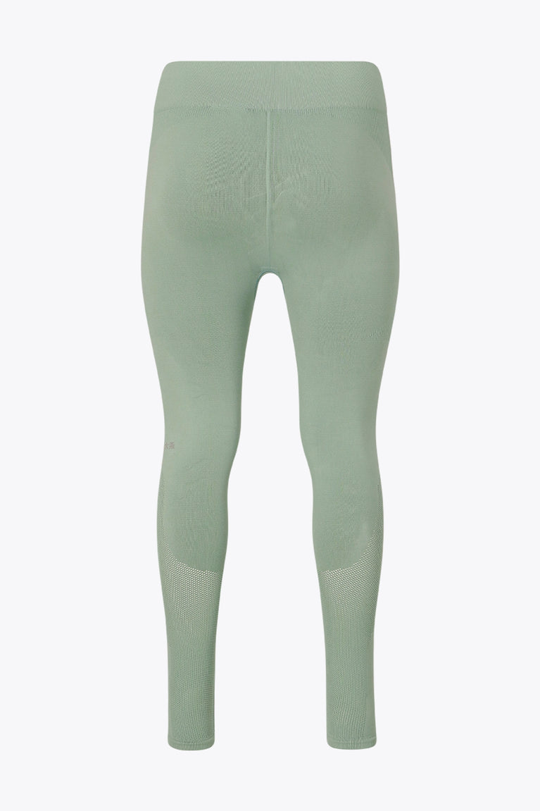 Osaka women shimuresu leggin in jadeite with logo in grey. Back flatlay view