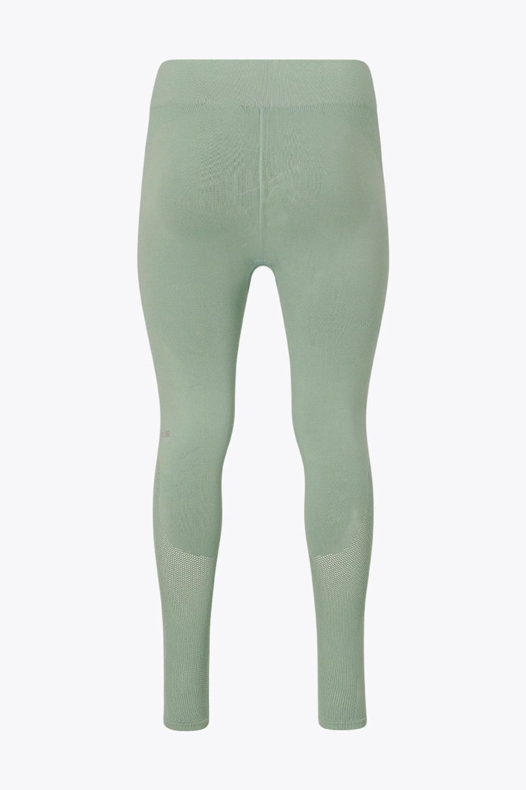 Osaka women shimuresu leggin in jadeite with logo in grey. Back flatlay view