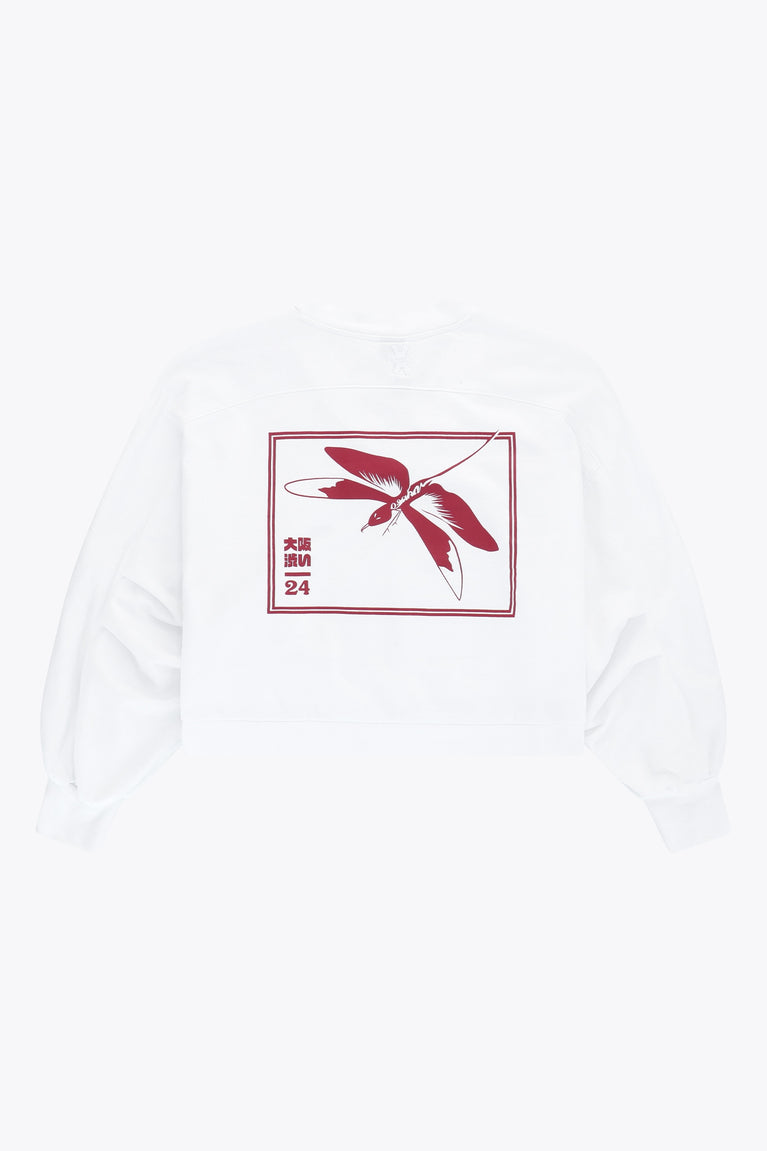 Osaka women v-neck cropped sweater white with logo in red. Back flatlay view
