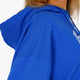 Osaka women cropped hoodie inprincess blue with college logo in white. Side shoulders view