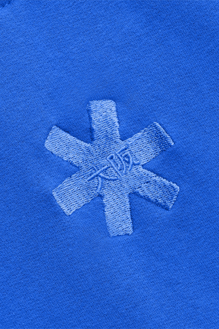 Osaka women cropped hoodie inprincess blue with college logo in white. Back detail logo view