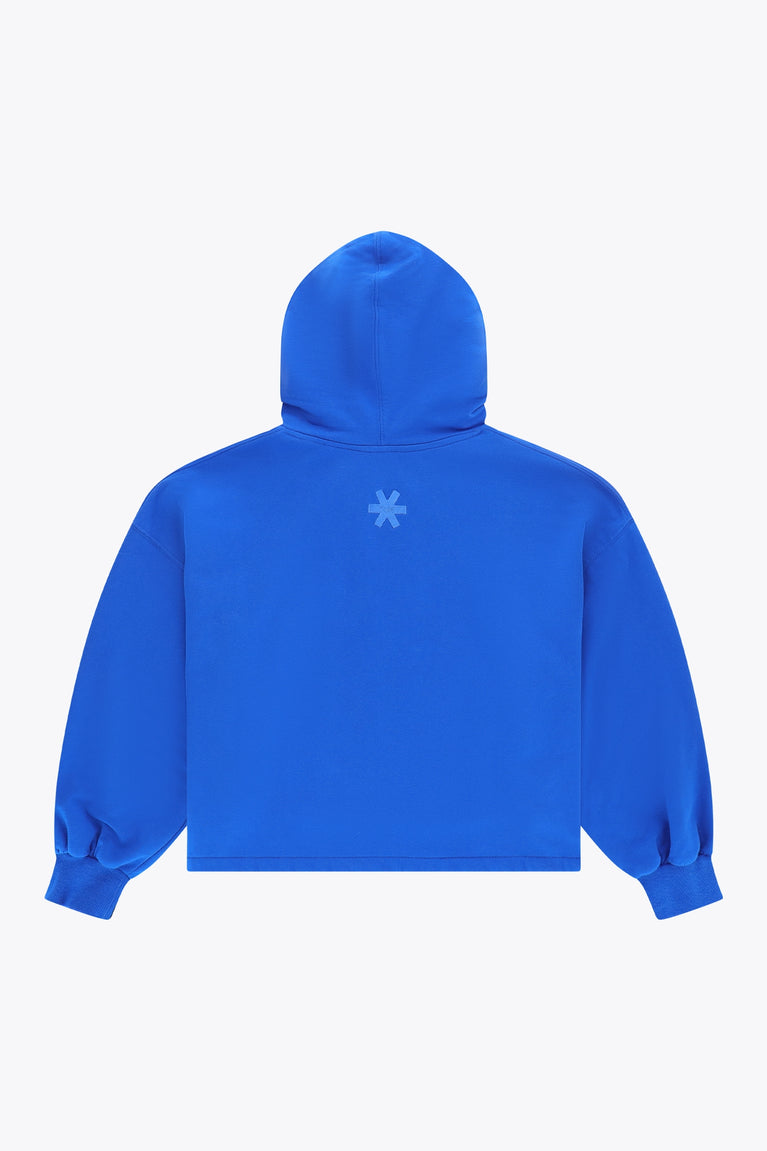 Osaka women cropped hoodie inprincess blue with college logo in white. Back flatlay view