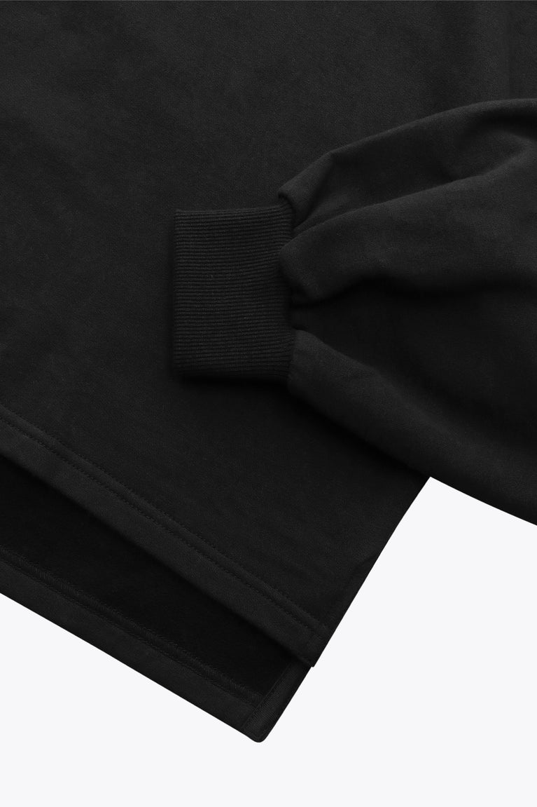 Osaka women cropped hoodie in black with college logo in white. Front flatlay detail sleeveview