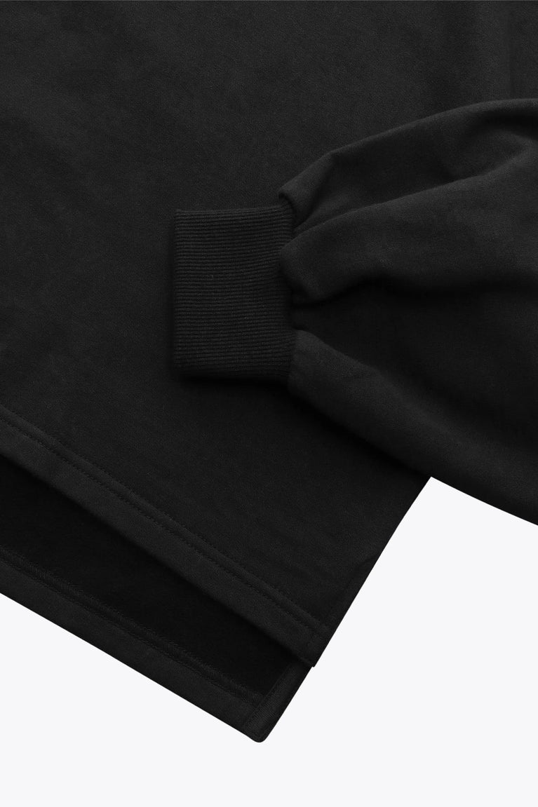 Osaka women cropped hoodie in black with college logo in white. Front flatlay detail sleeveview