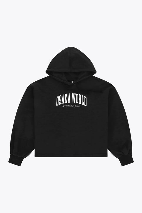 Osaka women cropped hoodie in black with college logo in white. Front flatlay view