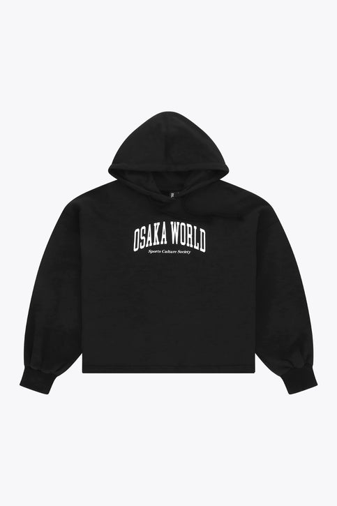 Osaka Women Cropped Hoodie | Black Osaka women cropped hoodie in black with college logo in white. Front flatlay view