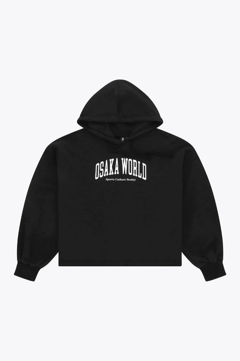 Osaka Women Cropped Hoodie | Black Osaka women cropped hoodie in black with college logo in white. Front flatlay view
