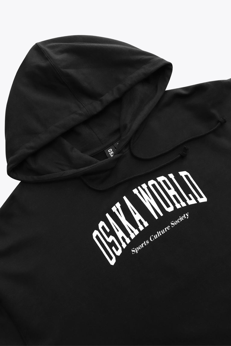 Osaka women cropped hoodie in black with college logo in white. Front flatlay view